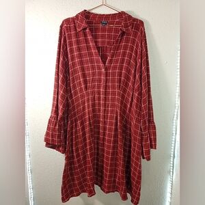 Women's TORRID Red Plaid Bell Sleeve Button Up Flare Dress sz 3